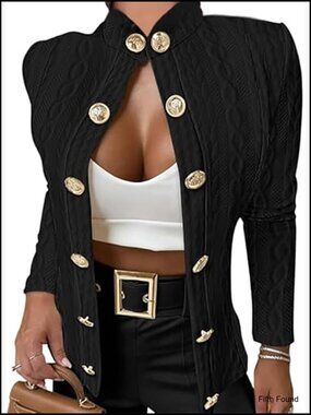 Women Argyle Cable Cardigan Cropped Coat Stand Collar Long Sleeve Button Front